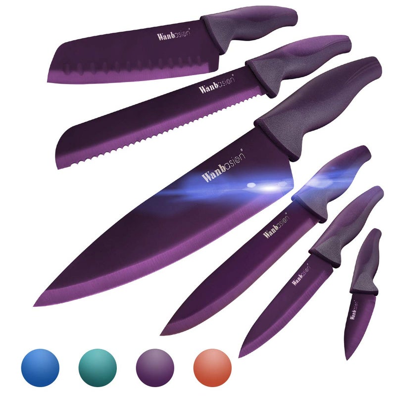Wanbasion Purple Professional Kitchen Knife Chef Set, Stainless Steel, Dishwasher Safe with Covers - Image 1